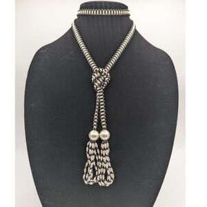 Vintage Style Beaded Lariat Necklace Black Cream Faux Pearl Tassel 23 Inch